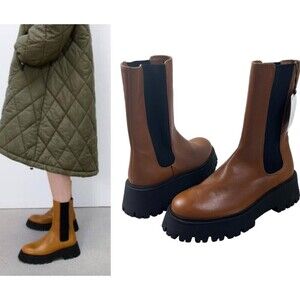 Zara Women Size 6 Cognac Leather Lug Chucky Chealse Combat Pull On NEW Boots
